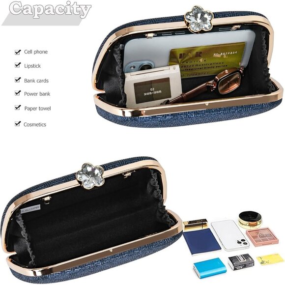 ⚡ Women\'s Blue Elegant Rhinestone Formal Events Unique Clutch Chain Strap Bag